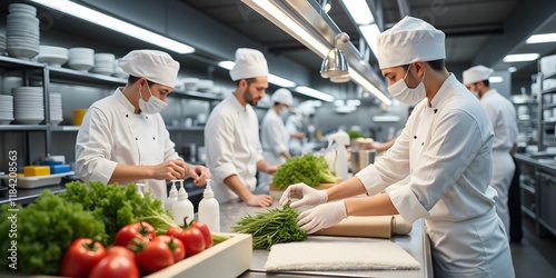 Restaurant Chefs Prepare Food with Care, Maintaining Hygiene Standards in a Modern Kitchen Setting. photo