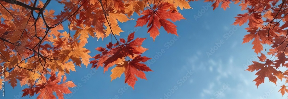 Vibrant orange and red maple leaves against a blue sky , maple leaves, landscape, vibrant Vibrant orange and red maple leaves against a blue sky , maple leaves, landscape, vibrant