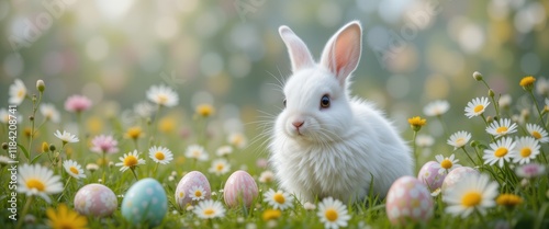 White rabbit among spring flowers and colorful easter eggs in a sunny meadow