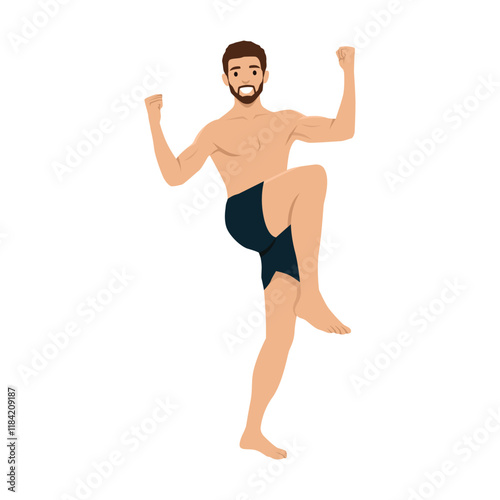 Young man with swimsuit doing winner gesture celebrate clench fists. Flat vector illustration isolated on white background