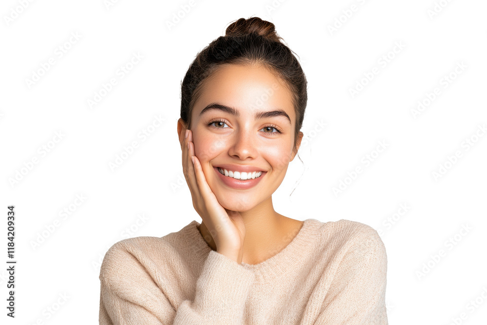 Smiling young woman touching her face wearing a cozy sweater, isolated on transparent background Smiling young woman touching her face wearing a cozy sweater, isolated on transparent background
