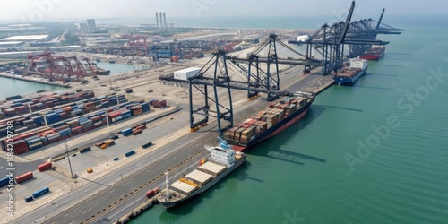 Shipping activities at a busy port with container vessels in the harbor and cranes loading cargo during the day