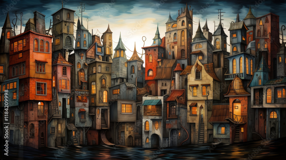 Fototapeta premium Whimsical and Colorful Old Town with Vibrant Architecture