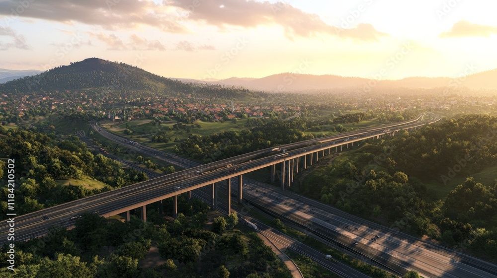 An overhead image of a freeway bridge that connects towns at nightfall, spanning a valley with green hills and forests, as part of infrastructural expansion. An overhead image of a freeway bridge that connects towns at nightfall, spanning a valley with green hills and forests, as part of infrastructural expansion.