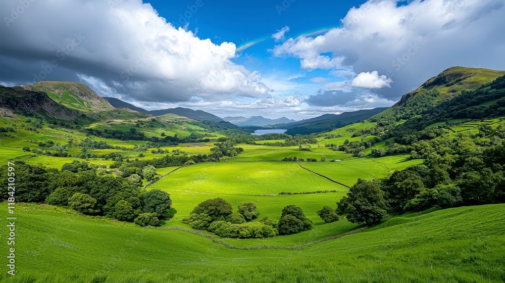 Obraz premium Lush Green Valley Landscape with Dramatic Sky and Rolling Hills