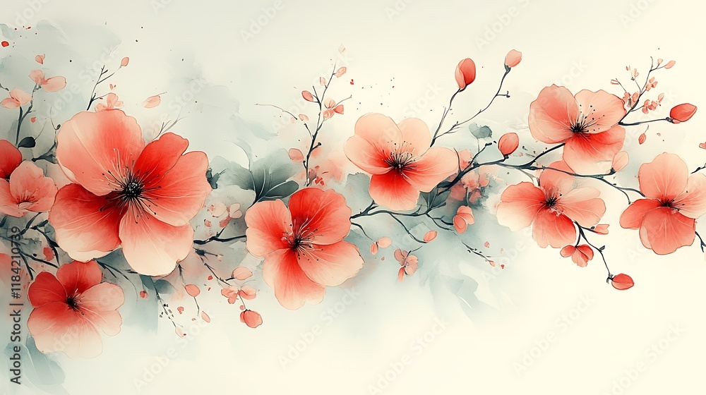 Naklejka premium Watercolor Painting of Delicate Peach Blossoms on Branches