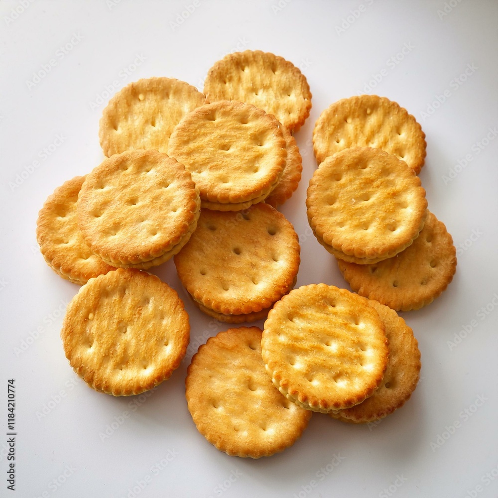 Close-up of golden, crispy biscuits creaker neatly on a white background; food concept Close-up of golden, crispy biscuits creaker neatly on a white background; food concept