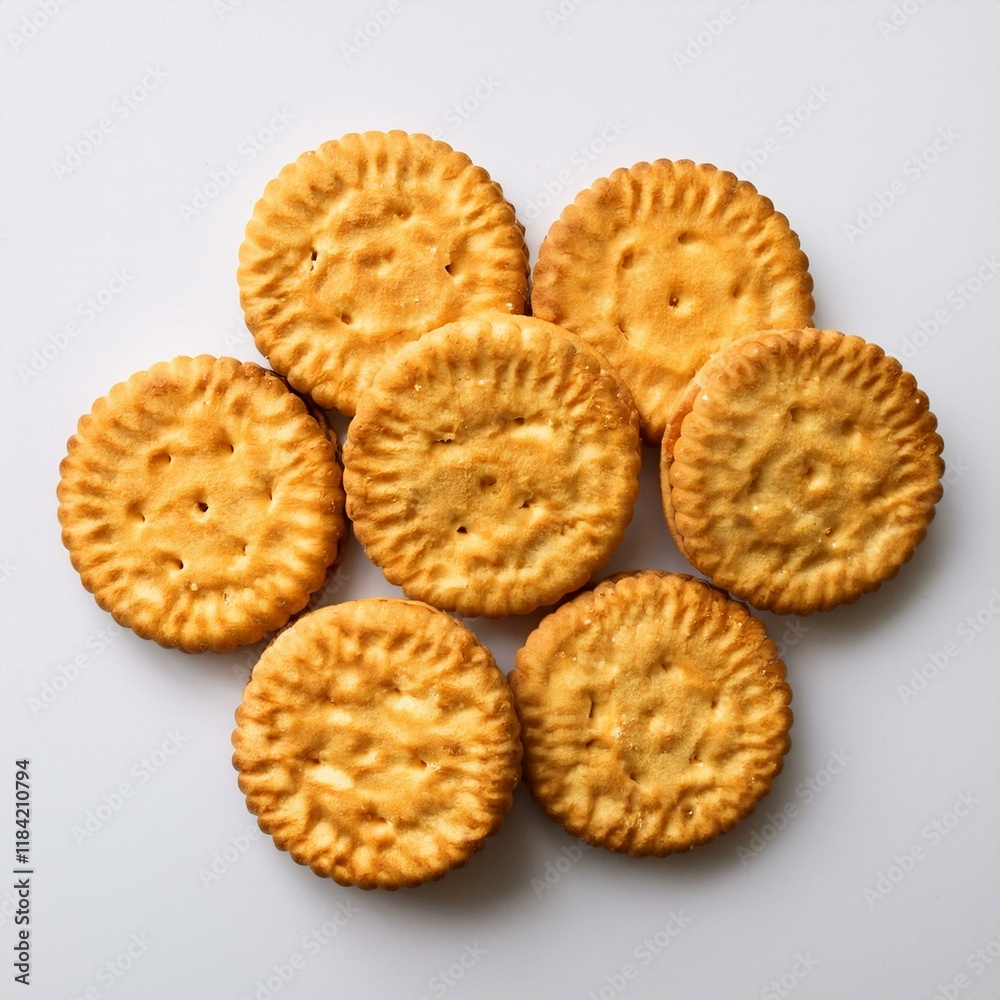 Close-up of golden, crispy biscuits creaker neatly on a white background; food concept Close-up of golden, crispy biscuits creaker neatly on a white background; food concept