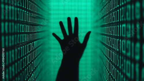 Mysterious Hand Silhouette Against a Digital Background of Faint Numbers Counting Down in a Futuristic, Tech-Inspired Environment