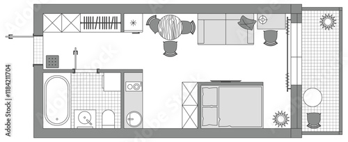 Apartment floor plan. Architecture micro studio plan of condominium, flat, house. Interior design of kitchen, living room, bedroom and bathroom. Furniture elements set. 2D top view
room layout. Vector