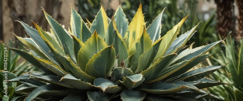 Prickly Agave Americana Variegata plant with thick green leaves and yellow variegation, desert plants, ornamental succulents, agave plants