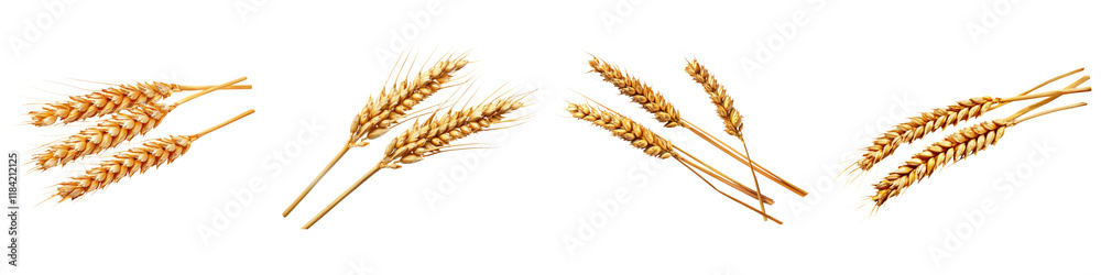 Golden wheat stalks arranged in various positions, showcasing their ripe grains and natural texture. Golden wheat stalks arranged in various positions, showcasing their ripe grains and natural texture.
