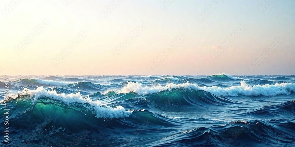 Obraz premium Waves blend with the horizon line in a captivating blend of blues and golds , gradient color, blue undertones, serene scenery