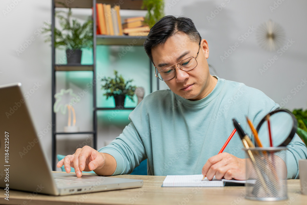Asian man freelancer making notes on notebook at home, use laptop, reading information prepare business financial report. Guy accountant analyzing reports documents calculate taxes, studying education Asian man freelancer making notes on notebook at home, use laptop, reading information prepare business financial report. Guy accountant analyzing reports documents calculate taxes, studying education