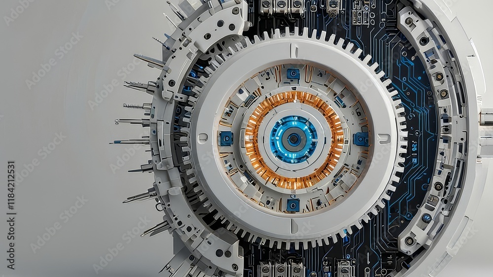 Obraz premium white_gear2_finalAbstract 3D gear with digital circuits and arrows on a white background and copy space. Futuristic technology concept for mechanical engineering and innovation design.