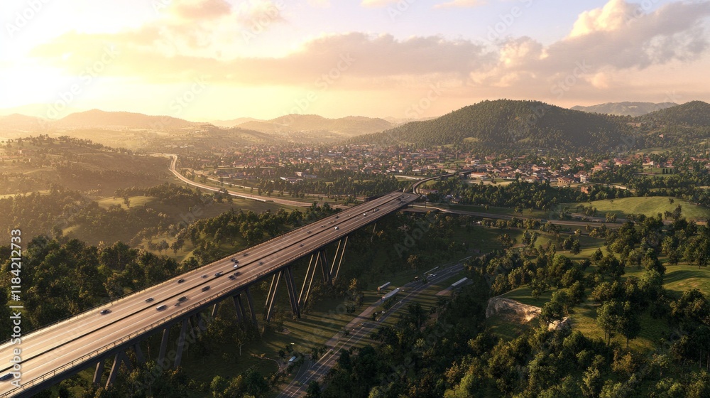 An overhead image of a freeway bridge that connects towns at nightfall, spanning a valley with green hills and forests, as part of infrastructural expansion. An overhead image of a freeway bridge that connects towns at nightfall, spanning a valley with green hills and forests, as part of infrastructural expansion.