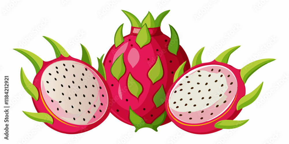 Set of red dragon fruit or pitahaya isolated on a white background. The concept of delicious and healthy fruits.Dragon Fruit Illustration - Exotic Pitaya Fruit Design. Set of red dragon fruit or pitahaya isolated on a white background. The concept of delicious and healthy fruits.Dragon Fruit Illustration - Exotic Pitaya Fruit Design.