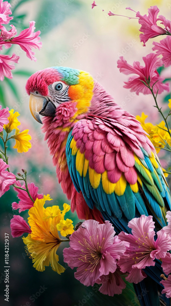 Fototapeta premium A stunning, close-up of a colorful and lively parrot mainly in shades of pinkish yellow and orange.