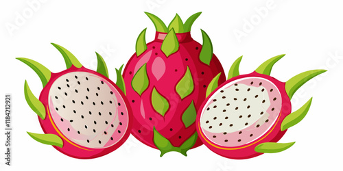 Set of red dragon fruit or pitahaya isolated on a white background. The concept of delicious and healthy fruits.Dragon Fruit Illustration - Exotic Pitaya Fruit Design.