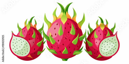 Set of red dragon fruit or pitahaya isolated on a white background. The concept of delicious and healthy fruits.Dragon Fruit Illustration - Exotic Pitaya Fruit Design.