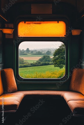 Warm light filters through train window, revealing lush green fi