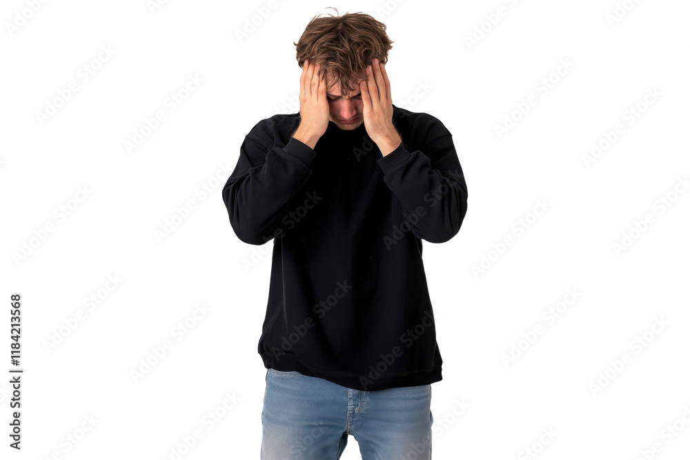 Frustrated man covering his face with hands wearing a black sweater and jeans, isolated on transparent background Frustrated man covering his face with hands wearing a black sweater and jeans, isolated on transparent background