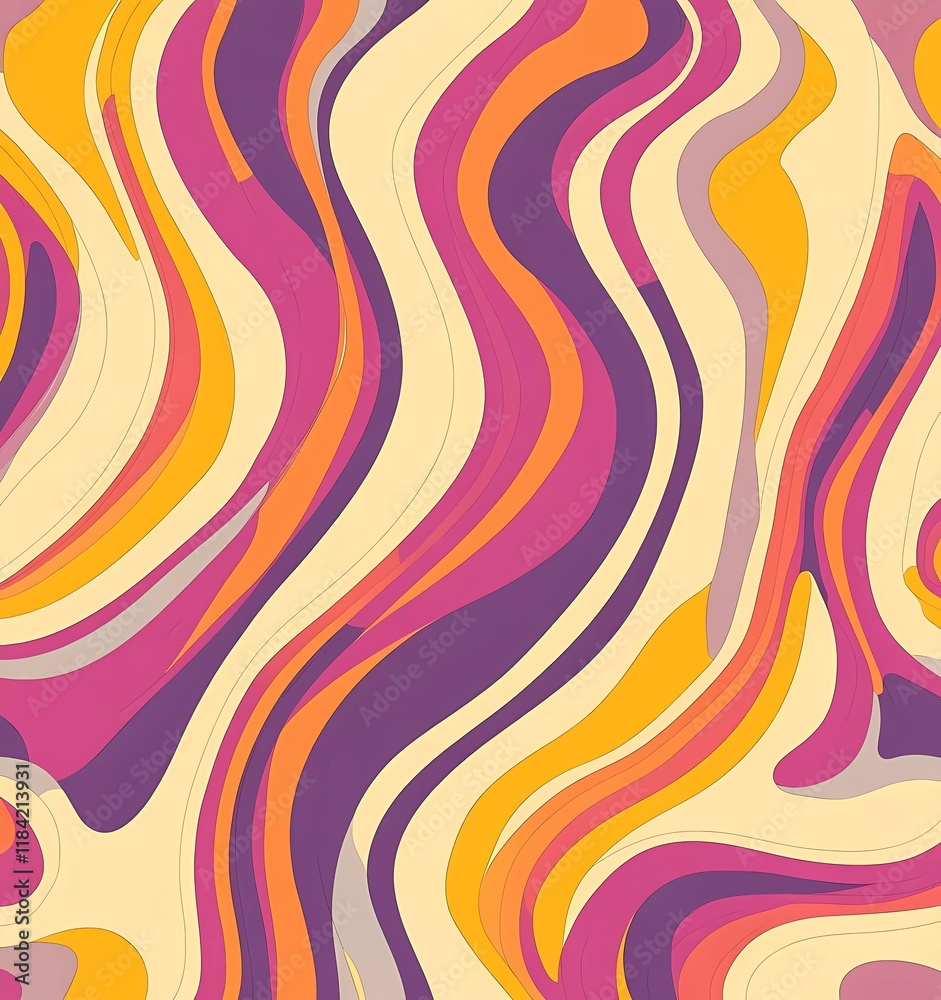 Abstract wavy, groovy, retro pattern with a colorful background, vector illustration. Colorful, groovy, retro seamless texture with waves and lines in yellow, orange, pink, purple, and beige. Abstract wavy, groovy, retro pattern with a colorful background, vector illustration. Colorful, groovy, retro seamless texture with waves and lines in yellow, orange, pink, purple, and beige.