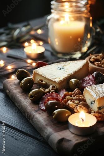 Elegant cheese platter adorned with olives, nuts, and soft candl photo