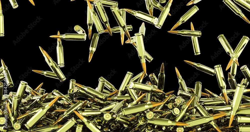 Assault rifle bullets falling and fill the screen. 3D animation on transparent background