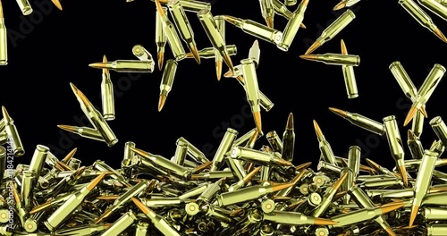 Assault rifle bullets falling and fill the screen. 3D animation on transparent background