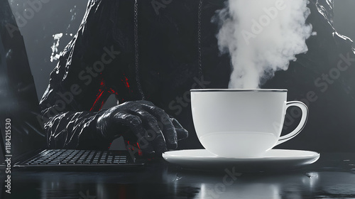 Cyberpunk Hacker Works on Laptop with a Hot Drink, Obscurely in the Dark, Mysterious Digital Activity photo