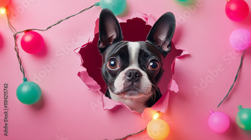 Boston Terrier peeks through torn pink paper hole, surrounded by colorful lights. playful expression adds cheerful vibe to scene photo