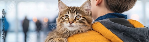 Happy cat at a pet adoption event concept. A child holds a cat while looking out a window in a bright space