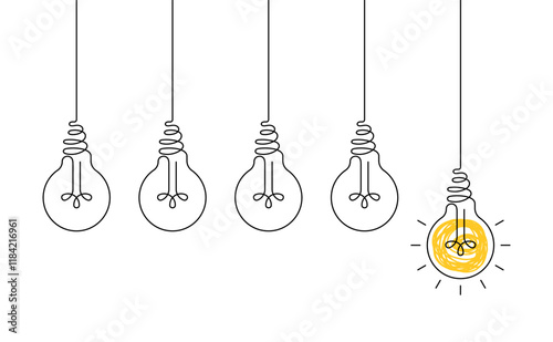 Hanging light bulbs with one glowing on white background. Continuous line drawing light bulb. Concept of idea