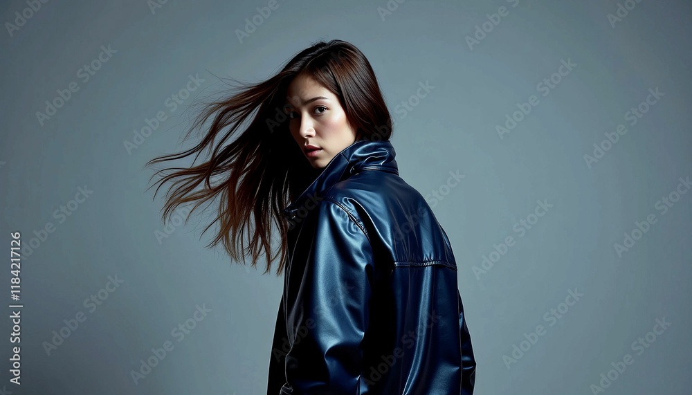 Young Woman with Flowing Hair in Blue Jacket