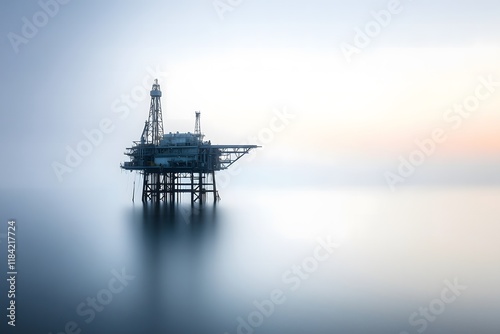 A soft-focus shot of an oil rig’s scaffolding against the backdrop of a calm, pastel-colored sky at dusk, creating a tranquil but powerful contrast between the structure and the surrounding environmen