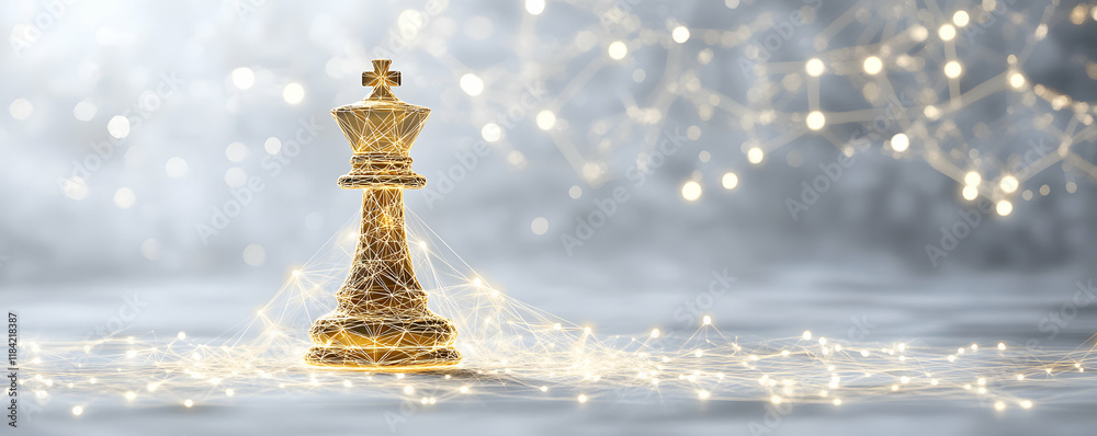 Golden King Chess Piece, Network Connections, Illuminated, Strategy, Vision Golden King Chess Piece, Network Connections, Illuminated, Strategy, Vision