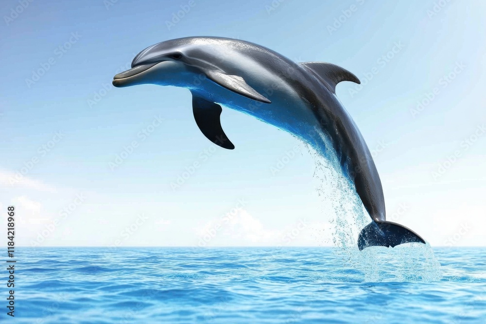 Fototapeta premium A dolphin leaps gracefully above the ocean surface, showcasing its agility and beauty.