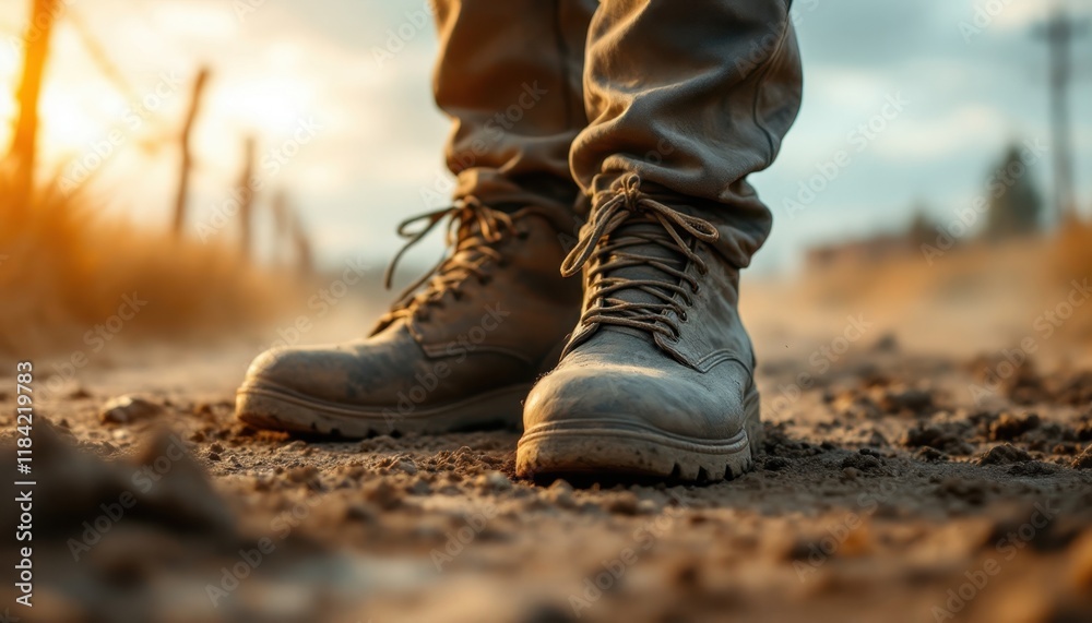 Dusty leather boots on gravel path during sunset Dusty leather boots on gravel path during sunset