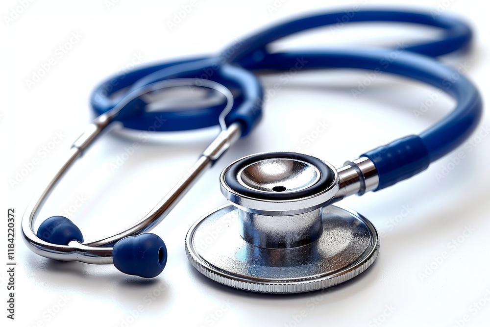 Blue stethoscope resting on a clean surface in a bright setting, ready for medical examination and patient care Blue stethoscope resting on a clean surface in a bright setting, ready for medical examination and patient care