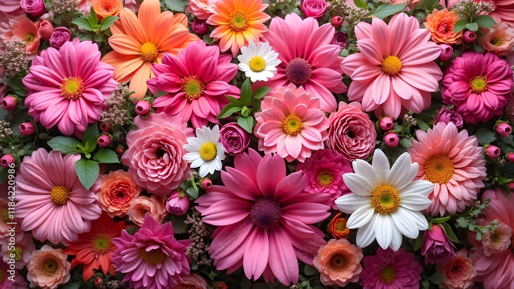 Vibrant Pink Floral Composition, A Lively Display of Various Flowers and Foliage Vibrant Pink Floral Composition, A Lively Display of Various Flowers and Foliage