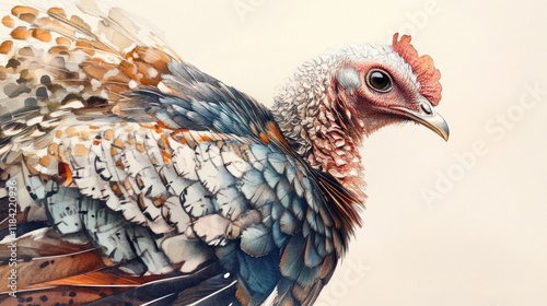 A beautiful wild turkey with intricate feather patterns in deep, earthy colors, displayed in a watercolor aesthetic on a plain white background, shadow-free and highly detailed in 4K photo