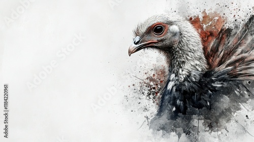 A beautiful wild turkey with intricate feather patterns in deep, earthy colors, displayed in a watercolor aesthetic on a plain white background, shadow-free and highly detailed in 4K photo