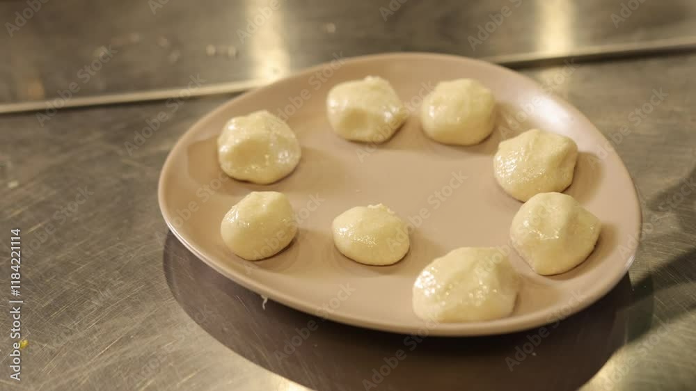Raw dough, kitchen countertop, cooking dough. Neatly arranged in circular pattern on clean kitchen countertop, plate holds shiny and smooth raw dough balls ready for baking or cooking. Raw dough, kitchen countertop, cooking dough. Neatly arranged in circular pattern on clean kitchen countertop, plate holds shiny and smooth raw dough balls ready for baking or cooking.