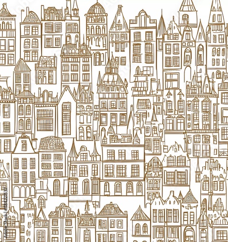 A seamless pattern of vintage buildings, with each building detailed in a line art style. The color palette is monochromatic, featuring shades of brown on a white background,