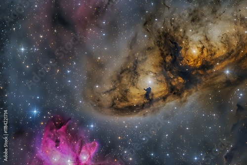 A vibrant image showcases two contrasting nebulae. One is a dark, swirling mass of gold and brown, the other a bright pink cloud. Interspersed are countless distant stars. photo