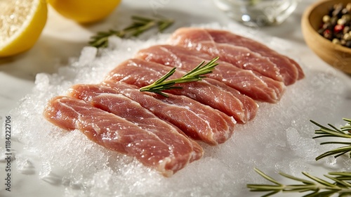 Fresh pork tenderloin slices on ice, kitchen setting