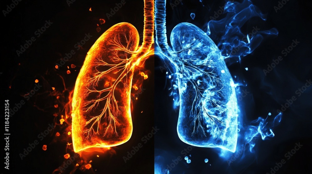 The Most Realistic Photograph of Human Lungs in Vibrant Colors Representing Health and Breathability, Stark Contrast of Fire and Ice Elements The Most Realistic Photograph of Human Lungs in Vibrant Colors Representing Health and Breathability, Stark Contrast of Fire and Ice Elements