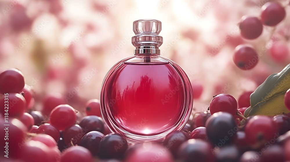 Red Perfume Bottle Among Red Currants Red Perfume Bottle Among Red Currants