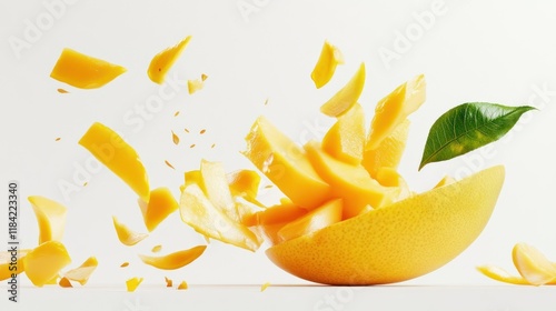 A mango mid-explosion, with golden slices flying outward and a vibrant green leaf adding contrast on a bright white background. The lifelike textures are detailed in ultra-clear 4K. photo